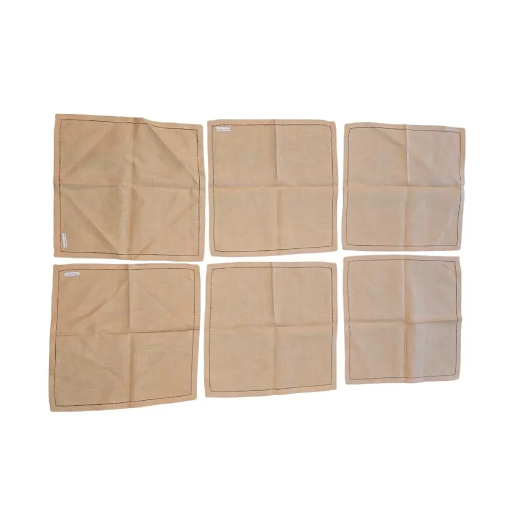 Irish Linen TableCloth & Napkin Set 7 Pieces Vintage Hand Drawn Peach Rectangle